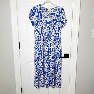 Kettlewell Floral Midi Dress Womens Small Blue White EUC V-Neck Pockets‎ 6396